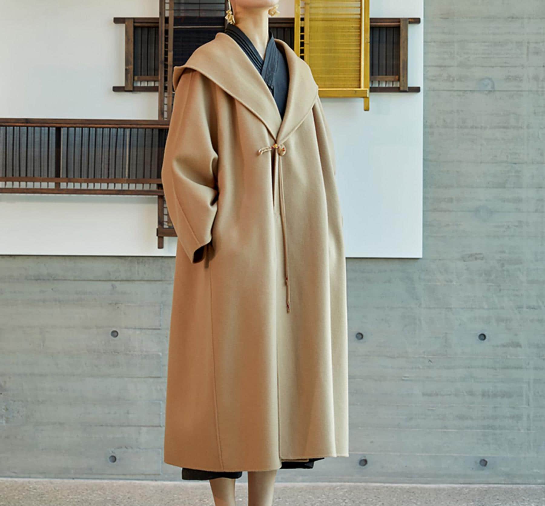 H205---women's Double Faced Wool Hooded Coat in Camel, Hand