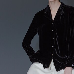 W078---Women&#39;s Silk Velvet V-neck Shirt in Black, Formal Silk Blouse, Luxury Silk Blouse, Spring Shirt, Fall Silk Top, Made to Order.