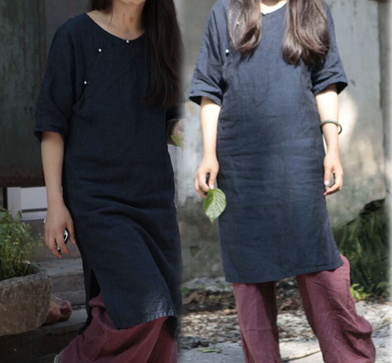 Mandarin Gown 197---Navy Blue Linen Modified Qipao Dress Cheongsam Made to Order. Cheong-Sam