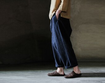 N048---Women's Noil Silk Jeans, Elastic Waist Silk Boyfriend Pants, Tapered Pants, Made to Order.