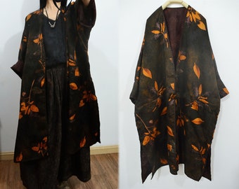 X129---Reversible Printed Mud Silk Jacquard Kimono  Coat, Gambiered Silk Hanfu Coat,  Spring Coat, Holiday Silk Duster Coat, Plus Size Coat
