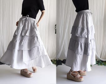 24609---12th Anniversary Promotion! Maxi Linen Tiered Fairy Skirt with Elasticated Waist and Draw String in Light Gray, Made to Order