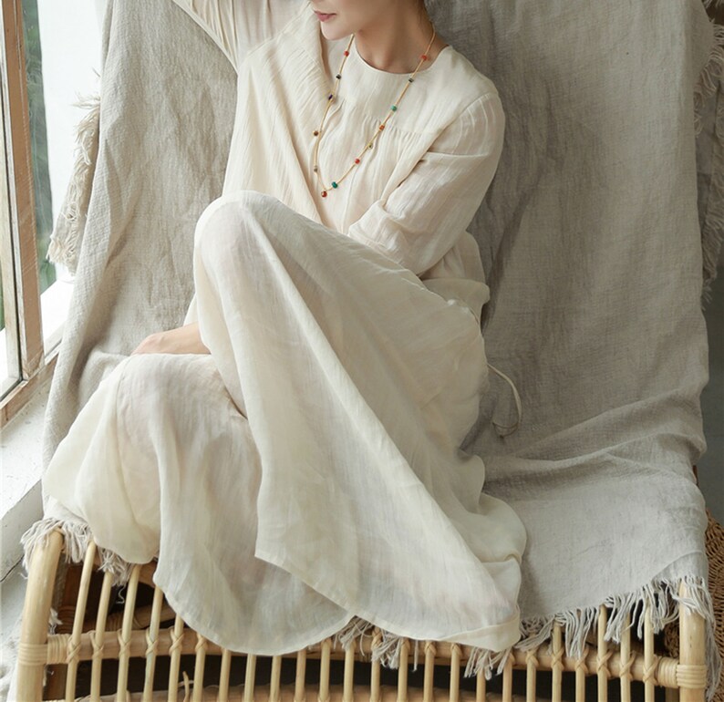 in Cream Color I022---High Counted Crinkled Ramie Dress Ankle Length Low Waist 34 Sleeves Made to Order.