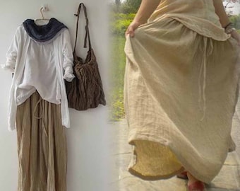 119---Textured Washed Linen Long Maxi Skirts , Full Beige Skirt, Boho Style, Bohemian Rhapsody, Women's Clothing.