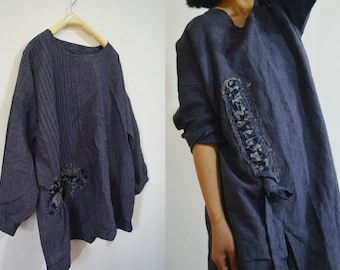 A142---Pinktucked Stone-washed Linen Tunic Top, Made to Order.