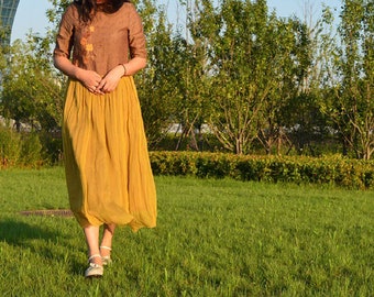 A065---Linen Dress with Gathering Silk Crepe in Brown, Made to Order.