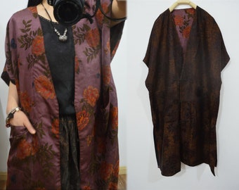 X128---Reversible Mud Silk Song Brocade Kimono Jacket, Gambiered Silk Hanfu Coat,  Spring Dust Coat, Holiday Coat, Travel Duster Coat.