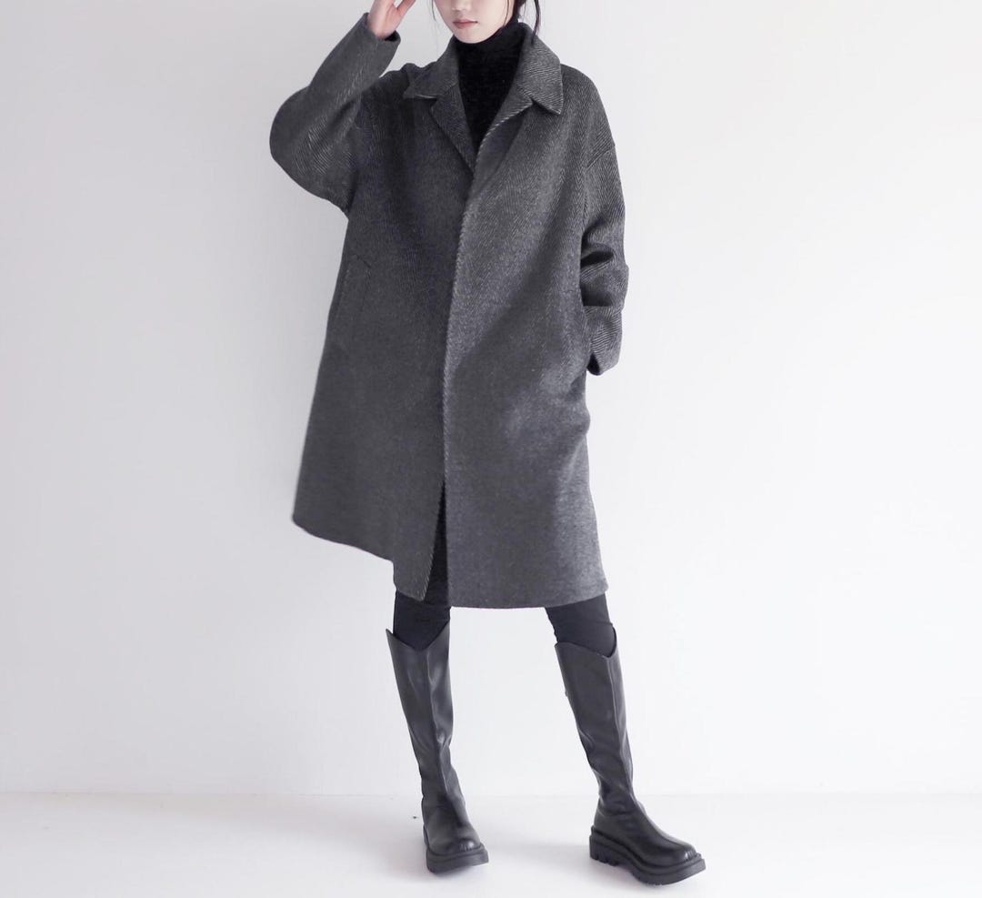 24217---gray Double Faced Wool Alpaca Herringbone Coat / Double