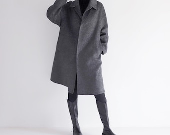 24217---Gray Double Faced Wool Alpaca Herringbone Coat / Double Coat, Wool Overcoat, Wool Coatigan, Unisex, Plus Size Women