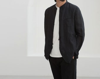 C017---Men's Black High Counted Thin Ramie Shrit Jacket, Cheongsam Jacket,  Made to Order