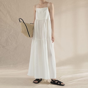 W130---White Linen Tiered Camisole Dress, Spaghetti strap Linen Dress, Long Linen Sun Dress, Linen Beach Dress, Linen Travel Maxi Dress