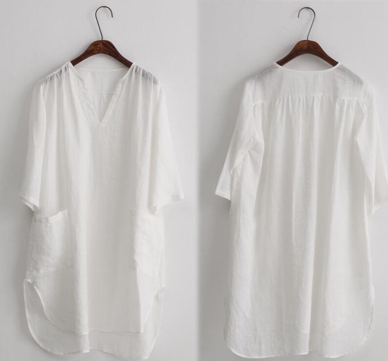 Shirt Dress. Excluding the inner Slip 084---Washed Ramie V-neck Red Tunic Dress