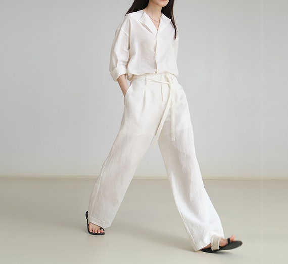 C054--White Linen Pants for Women, Linen Wide-Leg Pants, Linen Suit, Linen Wide Leg Pants, Extra Long Straight Trousers, Made to Order