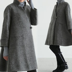 159-Women's Loop-Yarns Wool Trapeze Coat,A-line Bracelet Sleeves Winter Swing Coat, Wool Coat,Simplicity,Cape Coat, Poncho Coat.