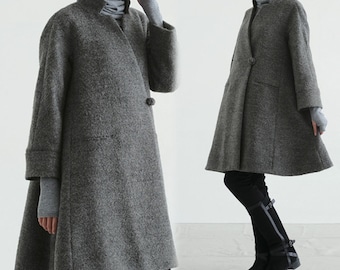 159-Women's Loop-Yarns Wool Trapeze Coat,A-line Bracelet Sleeves Winter Swing Coat, Wool Coat,Simplicity,Cape Coat, Poncho Coat.