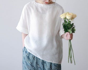R008---Minimalist Linen Top, White LInen Blouse, Made to Order.