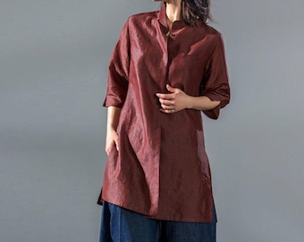V114---Mud Silk Button-down Shirt in Rusty Red, Made to Order.