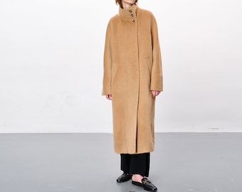 W008---Women's Suri Alpaca High Collar Cocoon Coat in Camel Color, Made to Order.