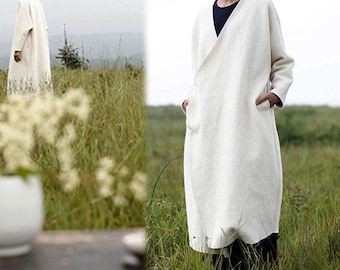 246---White Wool Coat, Japanese Boiled Wool Long Wrap Coat,  Blanket Coat, Zen Clothing, Made to Order.