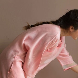 F021--- Gemodificeerde zijden organza cheongsamjurk, tuniek qipao-jurk, bruiloft, feestjurk, grijze zenkleding, op bestelling gemaakt. afbeelding 5