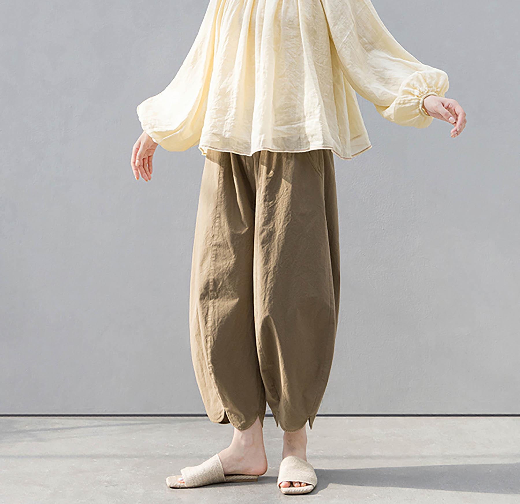 J064---paper Cotton / Japanese Poplin Petal Pants in Khaki Yellow