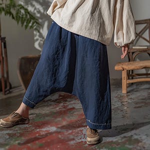 W134---Loose Drop Crotch Heavy Weight Linen Harem Pants, Sarouel Pants, Japanese Style Linen Trousers ,Fisherman Pants, Linen Cropped Pants.