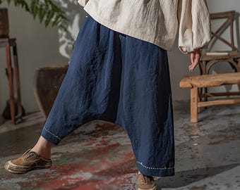 W134---Loose Drop Crotch Heavy Weight Linen Harem Pants, Sarouel Pants, Japanese Style Linen Trousers ,Fisherman Pants, Linen Cropped Pants.