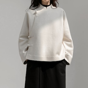 J035-Women&#39;s Boiled Wool Short Chinese Coat in Off White Color, Winter Wool boucle&#39; Cheongsam Jacket, Made to Order.