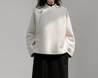 J035-Women&#39;s Boiled Wool Short Chinese Coat in Off White Color, Winter Wool boucle&#39; Cheongsam Jacket, Made to Order.