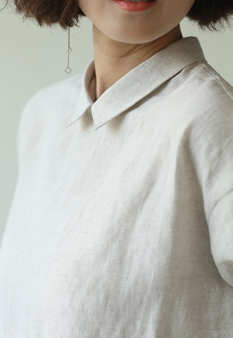 F015Washed Linen Top / Tee / Blouse, White Long Sleeves Linen Shirt, Made to Order. Natural Linen