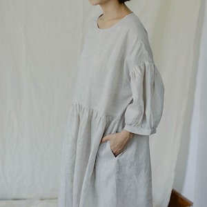 W151---Dropped Shoulders Linen Dress, Higher Waistline Oversized Dress, Women Linen clothing, Made to Order.