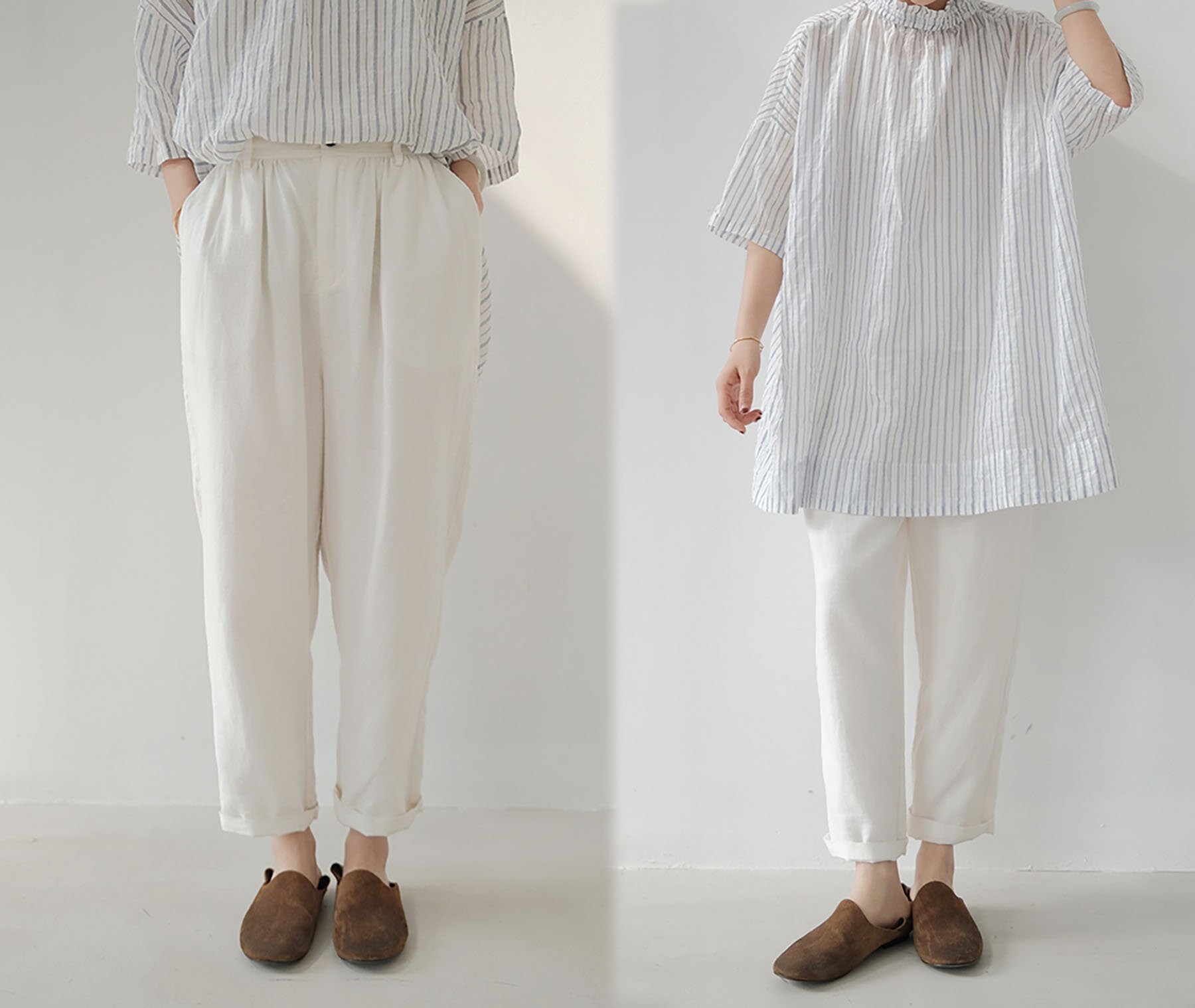 W098---white Linen Tapered Pants / Linen Boyfriend Pants