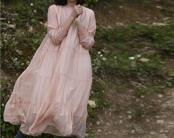 F009---Pink Silk Blend Prairie Dress, Cake Dress, Long Sleeve Evening Dress, Smock Dress, Maternity Dress, Lolita Dress, Lo Skirt.