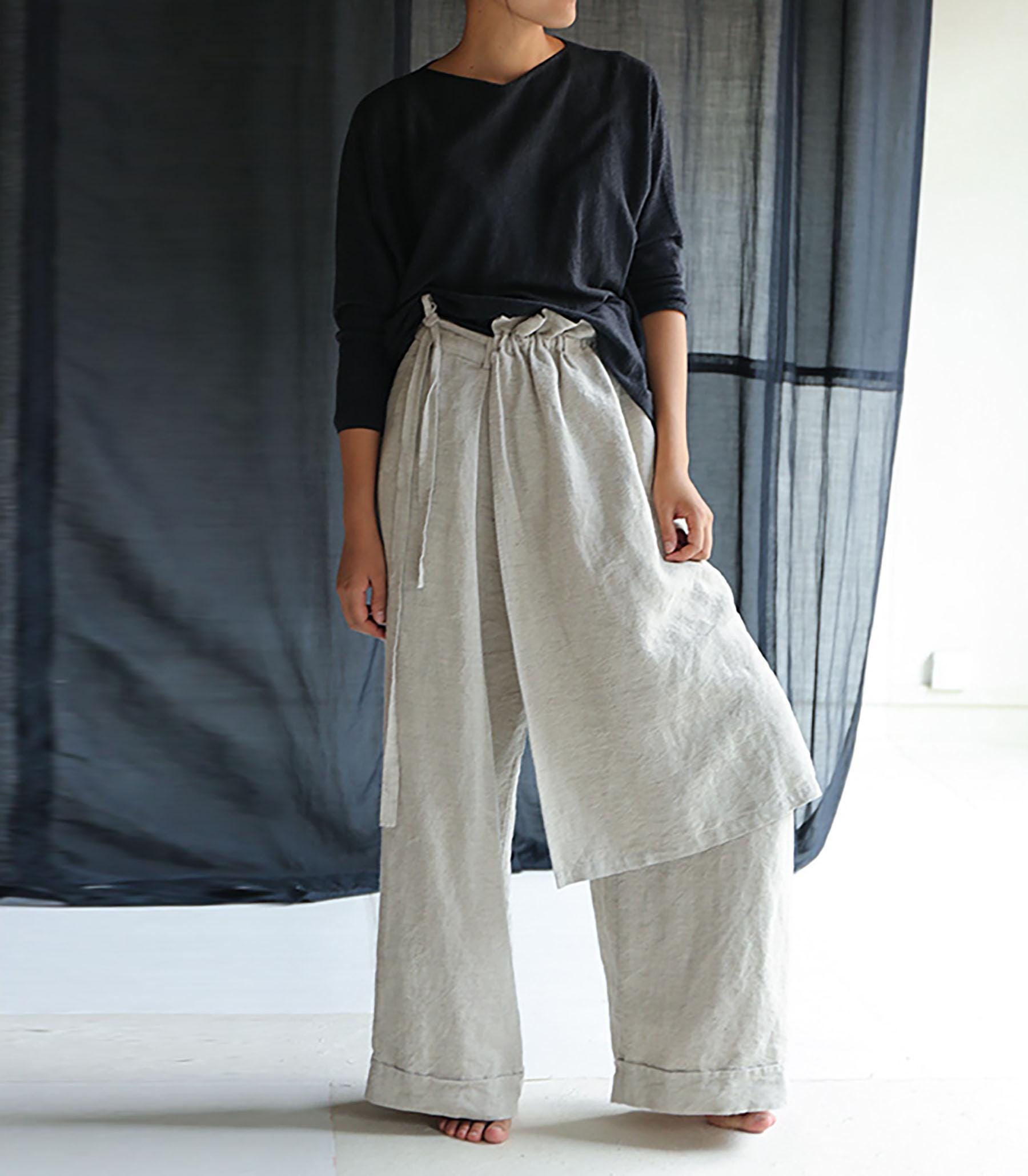 D097---wide Leg Flax Linen Pleated Pants With Detachable