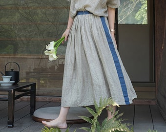 I045---Two Toned Crinkled Linen Skirt, S M L, Plus Size, Made to Order.