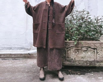 N204---Mud Tussah Silk Waffle Jacquard Chinese Coat, Gambiered Silk Cheongsam Coat / Tang Suit, Zen Clothing,  Made to Order.