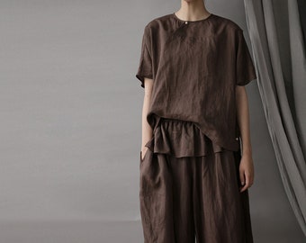 J038---Brown Thin Ramie Blouse / Tee / T-shirt / Short Sleeve Top, Made to Order