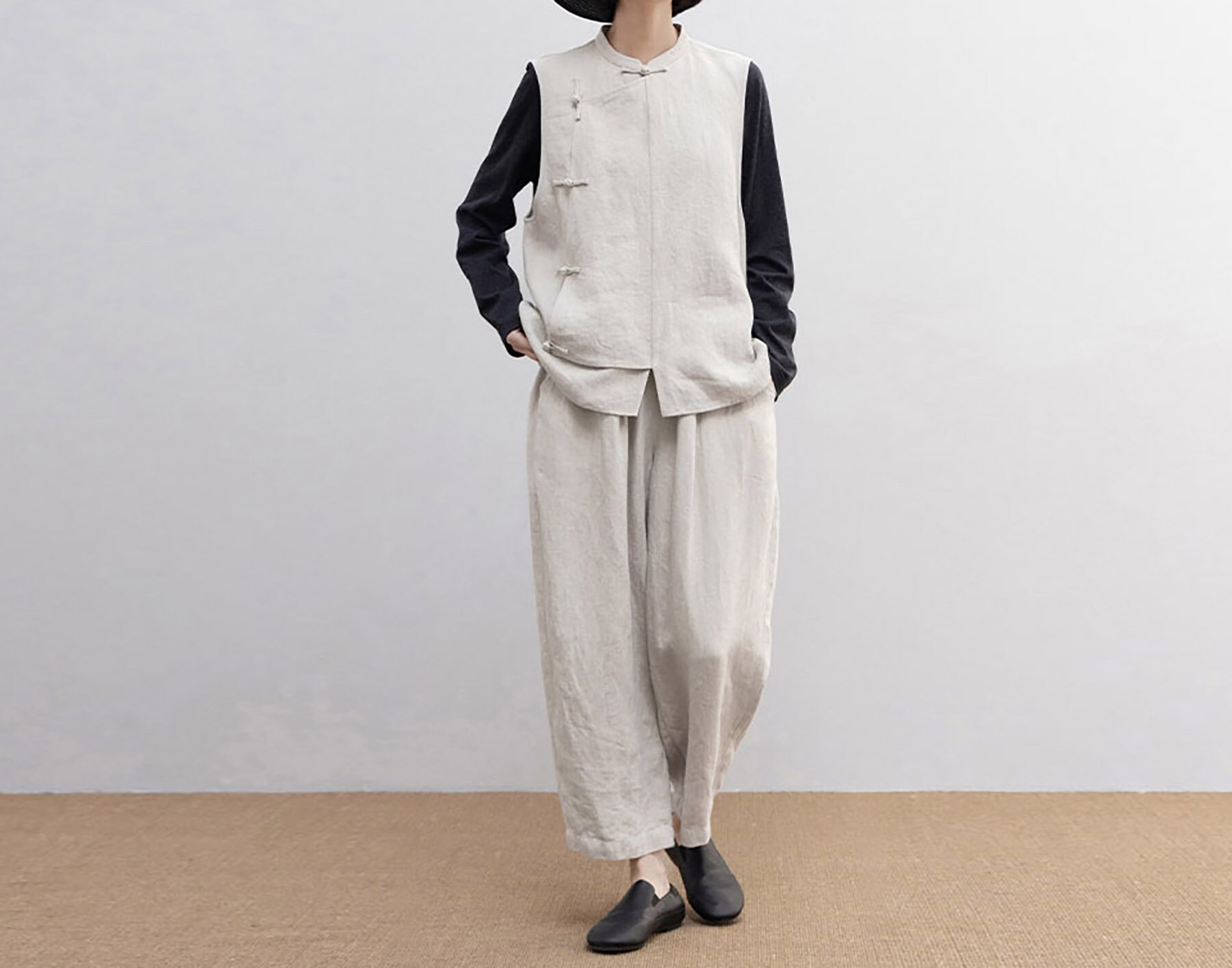 J059---twill Flax Linen Chinese Vest, Sleeveless Top