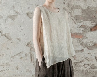 J040---High Counted Ramie Asymmetric Tank Top in Beige Color, Excluding Detachable Ruffle Collar, Made to Order