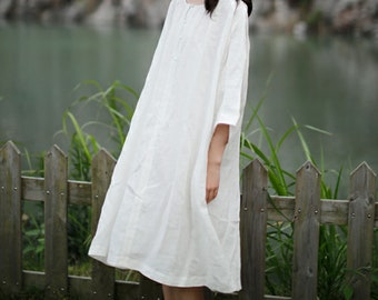 I002---women's Linen Tunic Dress in Black, 3/4 Sleeves A I002---women's Linen Tunic Dress in Black, 3/4 Sleeves A