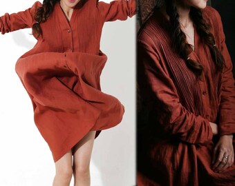 598---Linen Twill Buttoned Hand Pintucked Trench Coat, Utility Spring Dress Coat, Fall Overoat, Long Jacket, cardigan, Robe Coat, Outerwear.