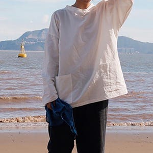 O301---Fishermen's Smock, Weißer Leinen Aritst's Smock, Vorgewaschene Leinenbluse, Unisex Leinen Basic Tee, Einfachheit Leinen Top, Auf Bestellung