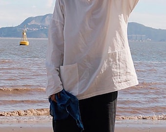 O301---Fishermen's Smock, White Linen Aritst's Smock, Pre-Washed Linen Blouse, Unisex Linen Basic Tee, Simplicity Linen Top, Made to Order