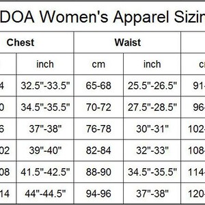 May include: A chart showing women's apparel sizing in both inches and centimetres. The chart includes measurements for chest, waist, and hips for sizes S, M, L, XL, 2XL, and 3XL.