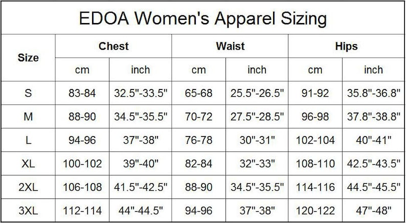 May include: A chart showing women's apparel sizing in both inches and centimetres. The chart includes measurements for chest, waist, and hips for sizes S, M, L, XL, 2XL, and 3XL.