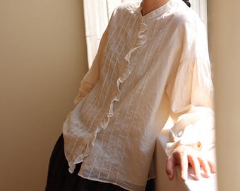 D329---Elegant Double-Layer High-counted Long-Staple Cotton Pintucked Ruffle Blouse, Made to Order