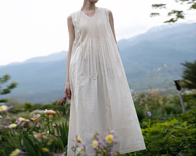 E104Women's High Count 100S Cotton Pintucked Sleeveless Dress / Tank Dress in Cream White, Made to Order. image 7
