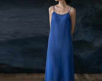 E062---Women&#39;s Silk Cotton Blend Slip Dress in Blue Color, Cami Dress, Camisole Dress, Spagetti Dress, Made to Order.