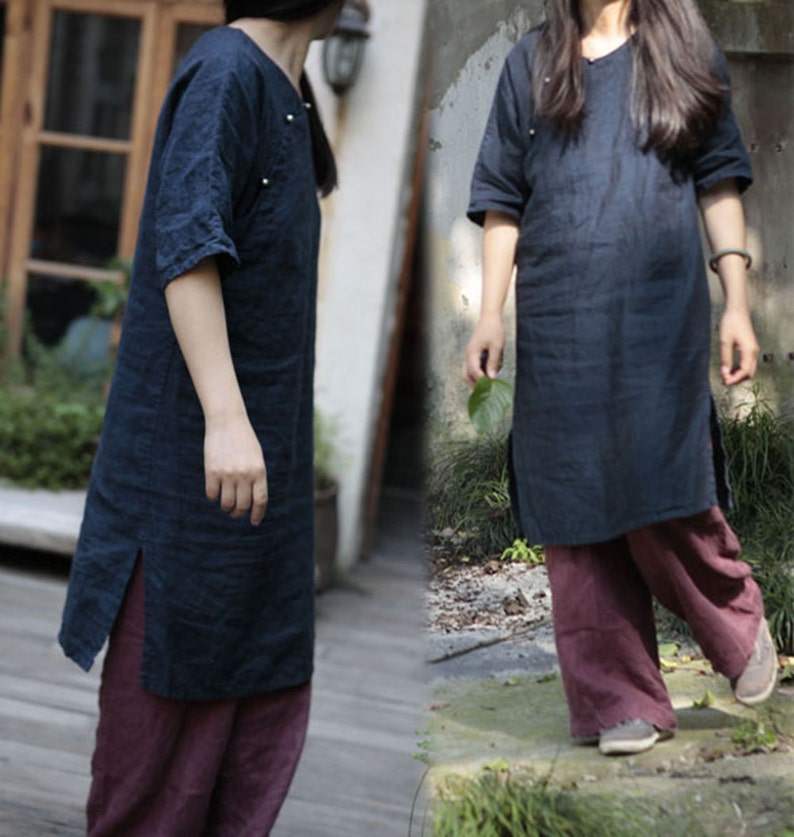 Mandarin Gown 197---Navy Blue Linen Modified Qipao Dress Cheongsam Made to Order. Cheong-Sam