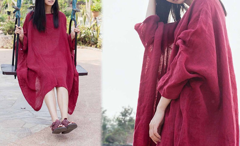 199---Linen Dress Oversized Red Loose Tunic Dress, Plus size Maternity Excluding the inner Slip Plus Size One size fits most.